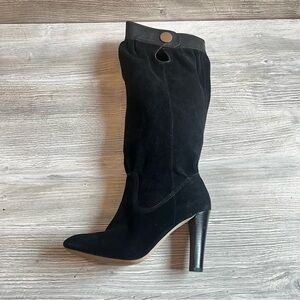 Michael Kors black suede leather harness slouch chunky heeled boots size 7.5